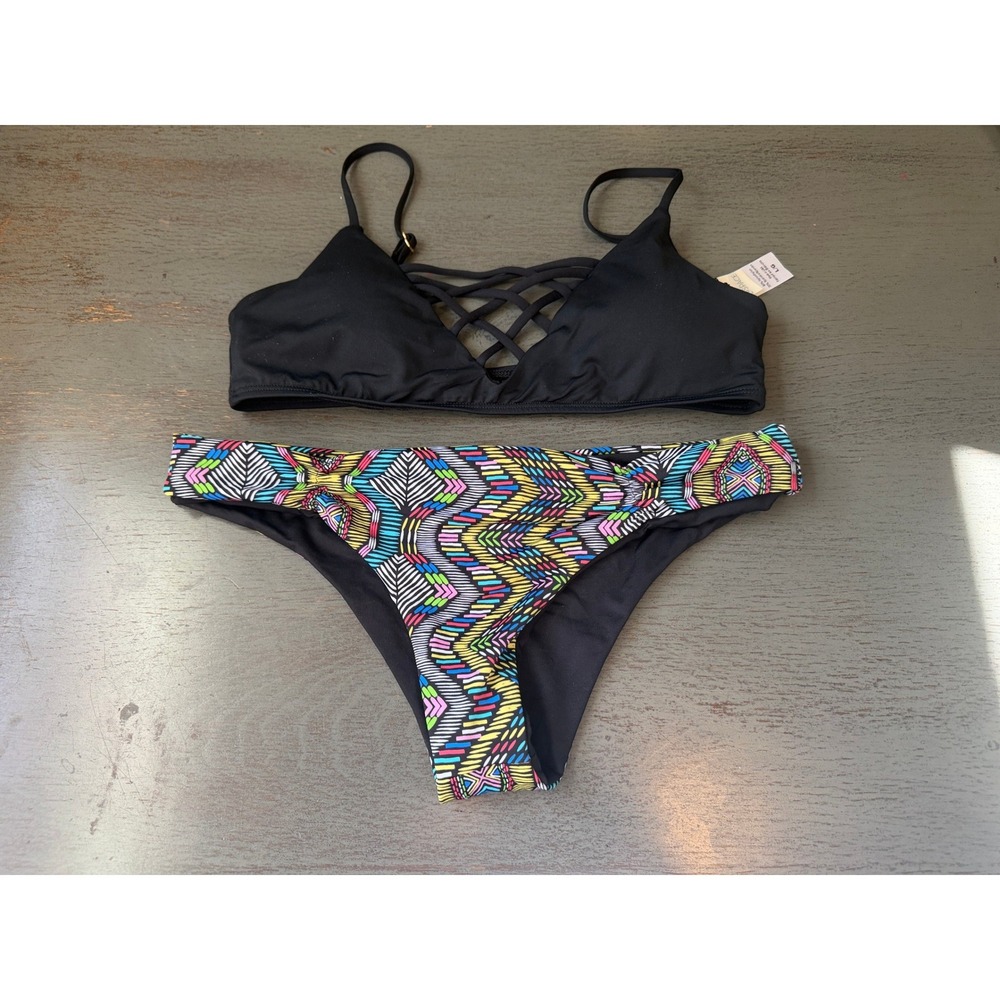 L Space Bikini Set Black Lattice Strappy Top Geometric Bitsy Bottom Large NWOT
